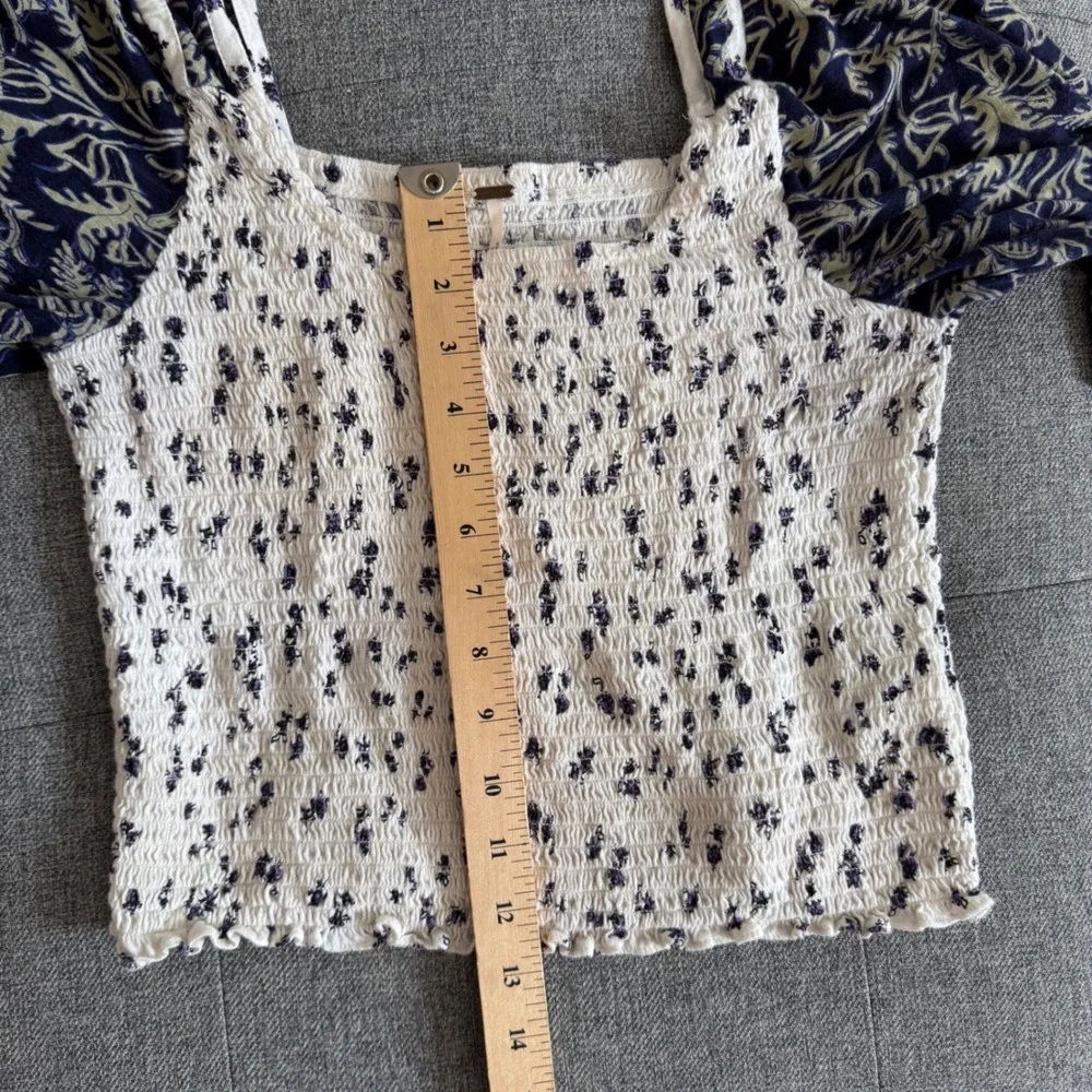 Free People Smocked Floral Square Neck Bell Sleeve Top OB1434162 Navy Cream S